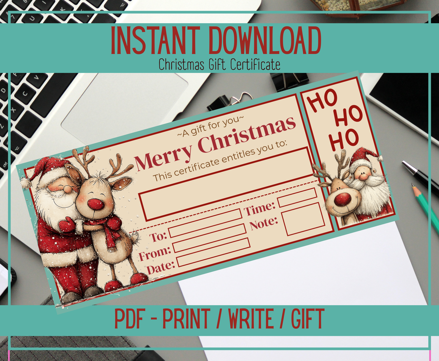 B1 Santa & Reindeer Gift Certificate and Envelope Printable