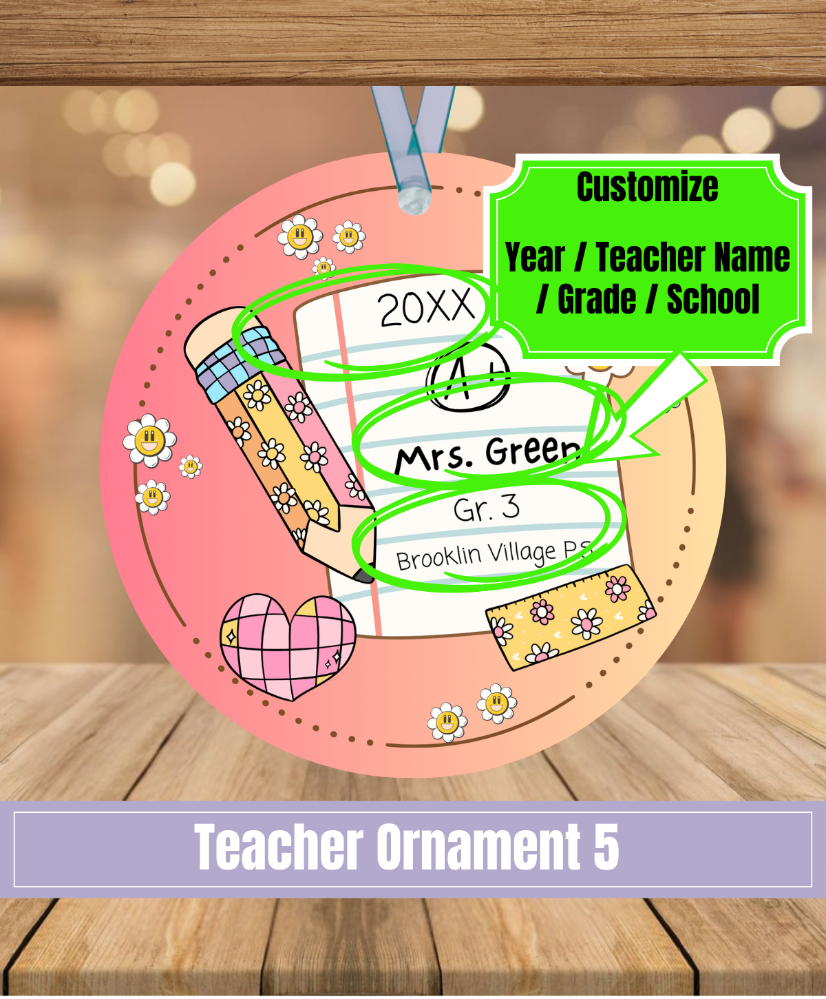 E5. Teacher Ornament 5 - Pencil and flowers